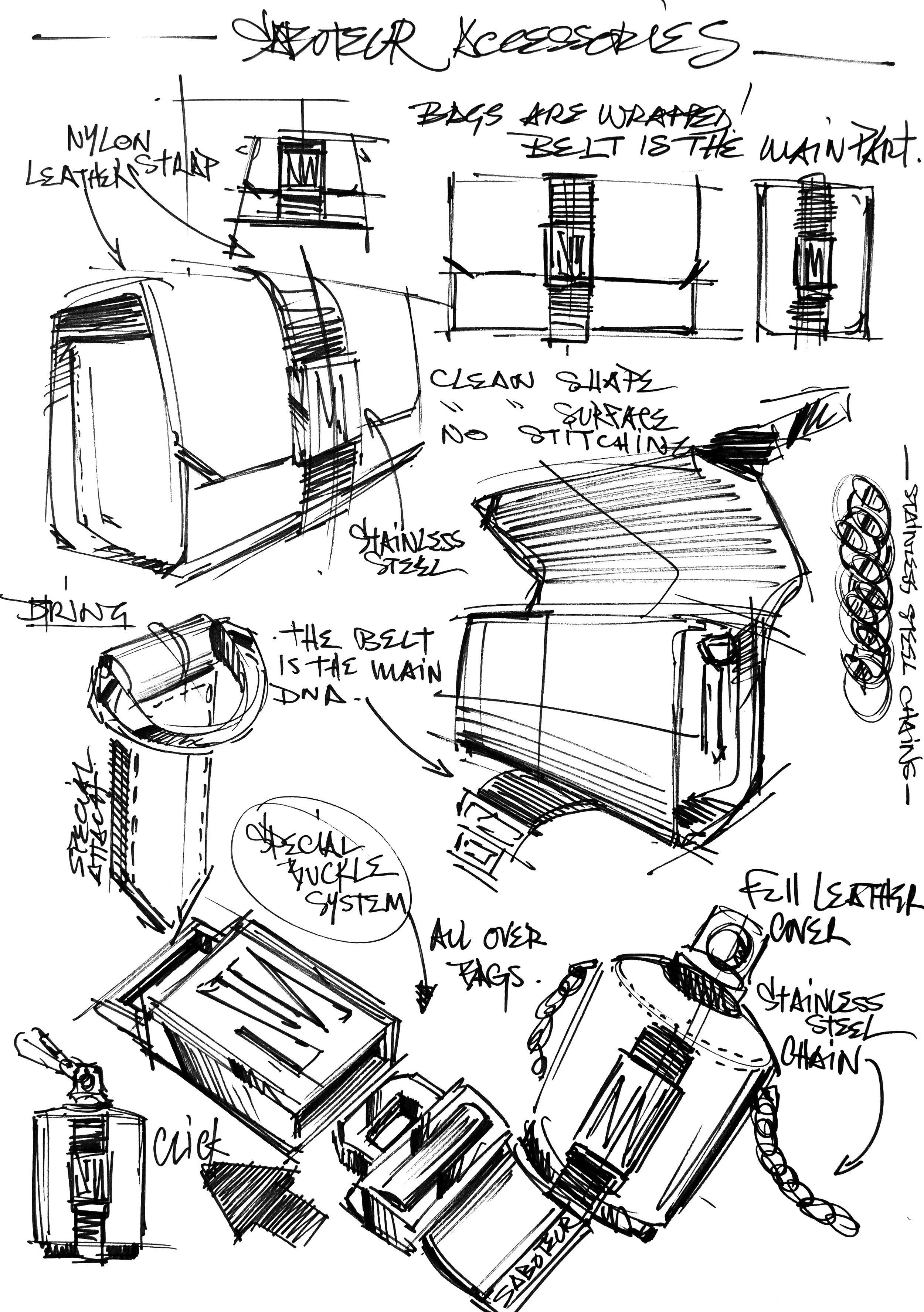 Design sketches for the Saboteur accessories line, with material and hardware annotations