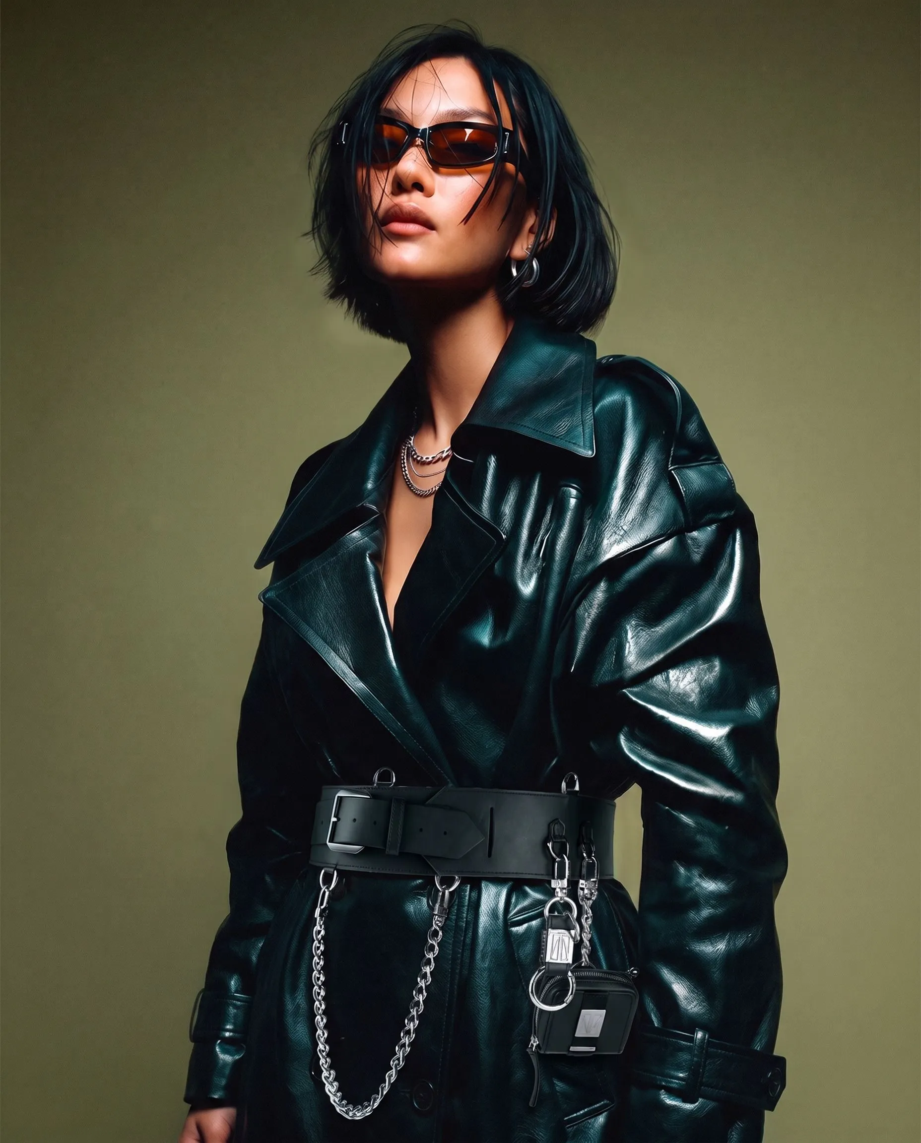 A woman with short black hair and sunglasses wearing a black leather jacket and accessories, with chains and a device hanging from a belt, against a plain background.