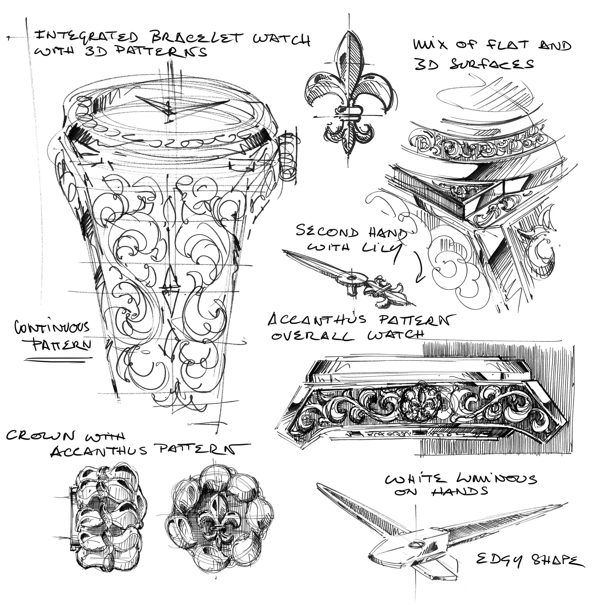 Design sketches of an integrated-bracelet watch with acanthus engraving and fleur-de-lis details — ACTE.5
