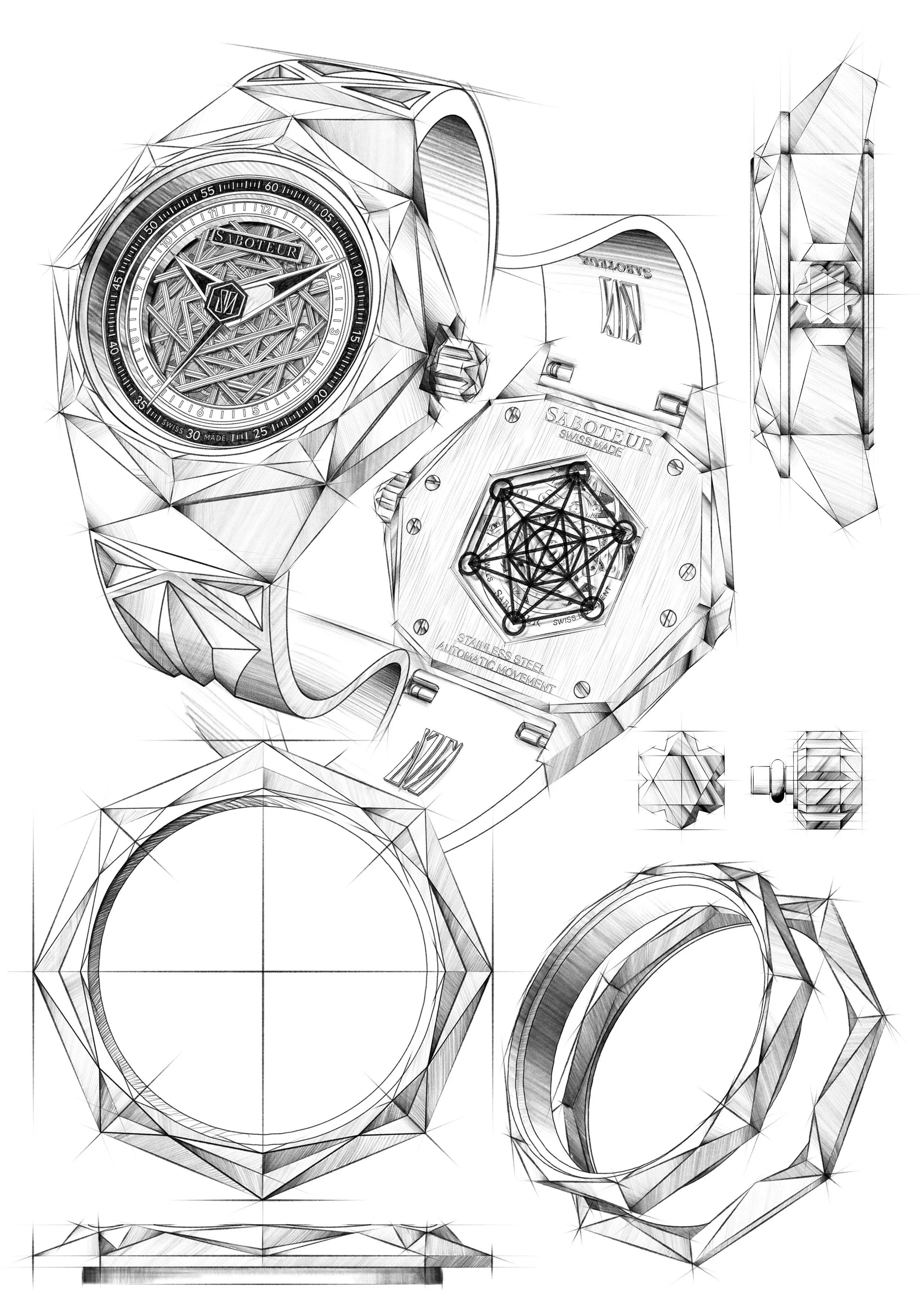 Design sketches of the Saboteur Sacra watch — faceted case, skeletonized dial and sacred geometry caseback — ACTE.5