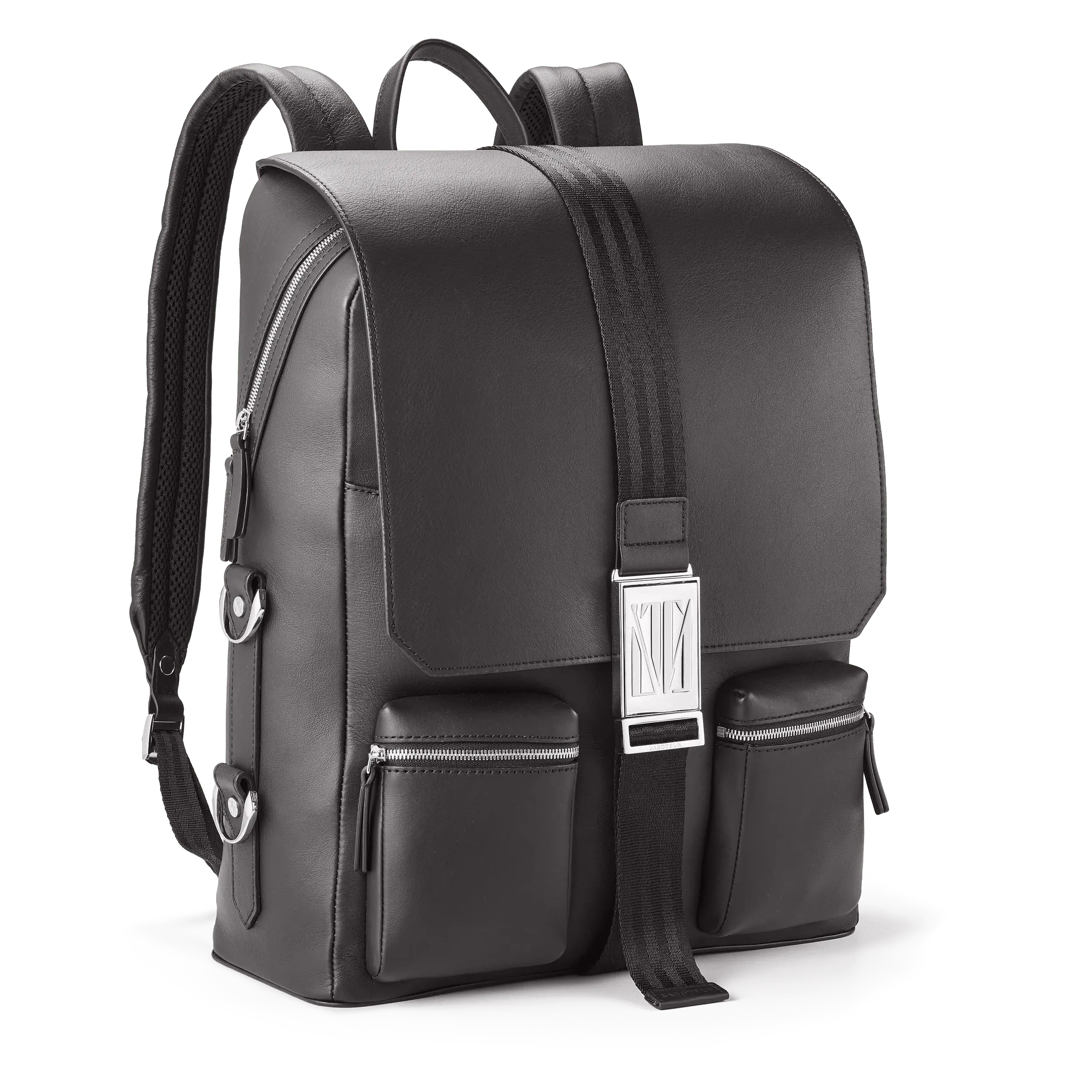 Black backpack with multiple compartments, straps, and zippers.