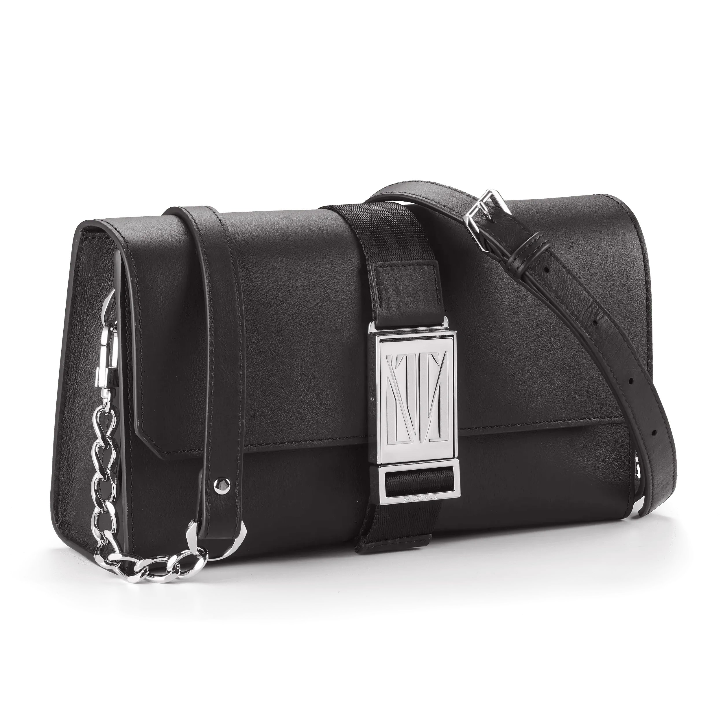 Close-up view of a black leather handbag with silver accents and a chain strap.