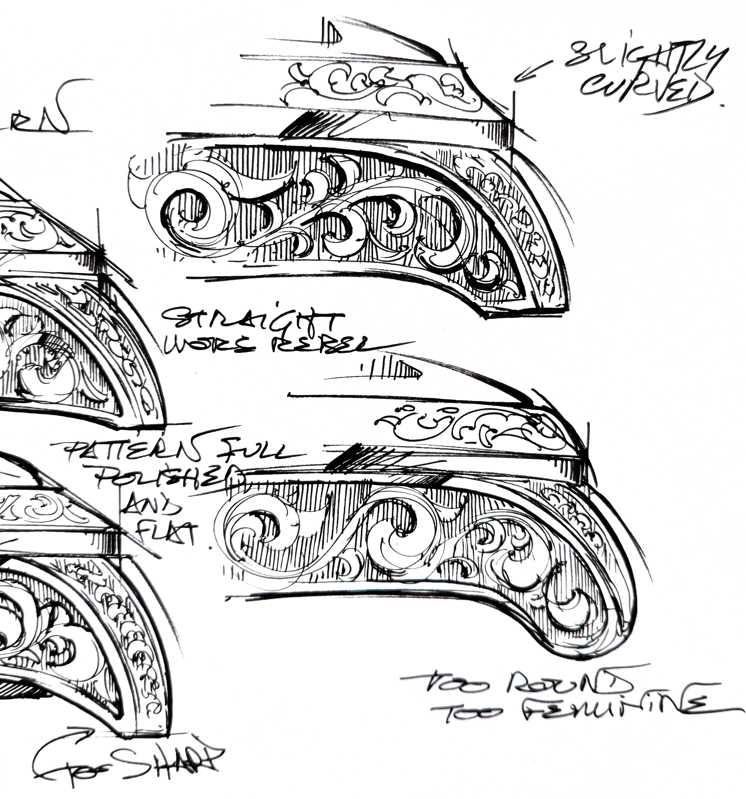 Dessin au trait noir d’une arche décorative ornée d’arabesques et de motifs, entourée d’annotations manuscrites : croquis ou concept de design.