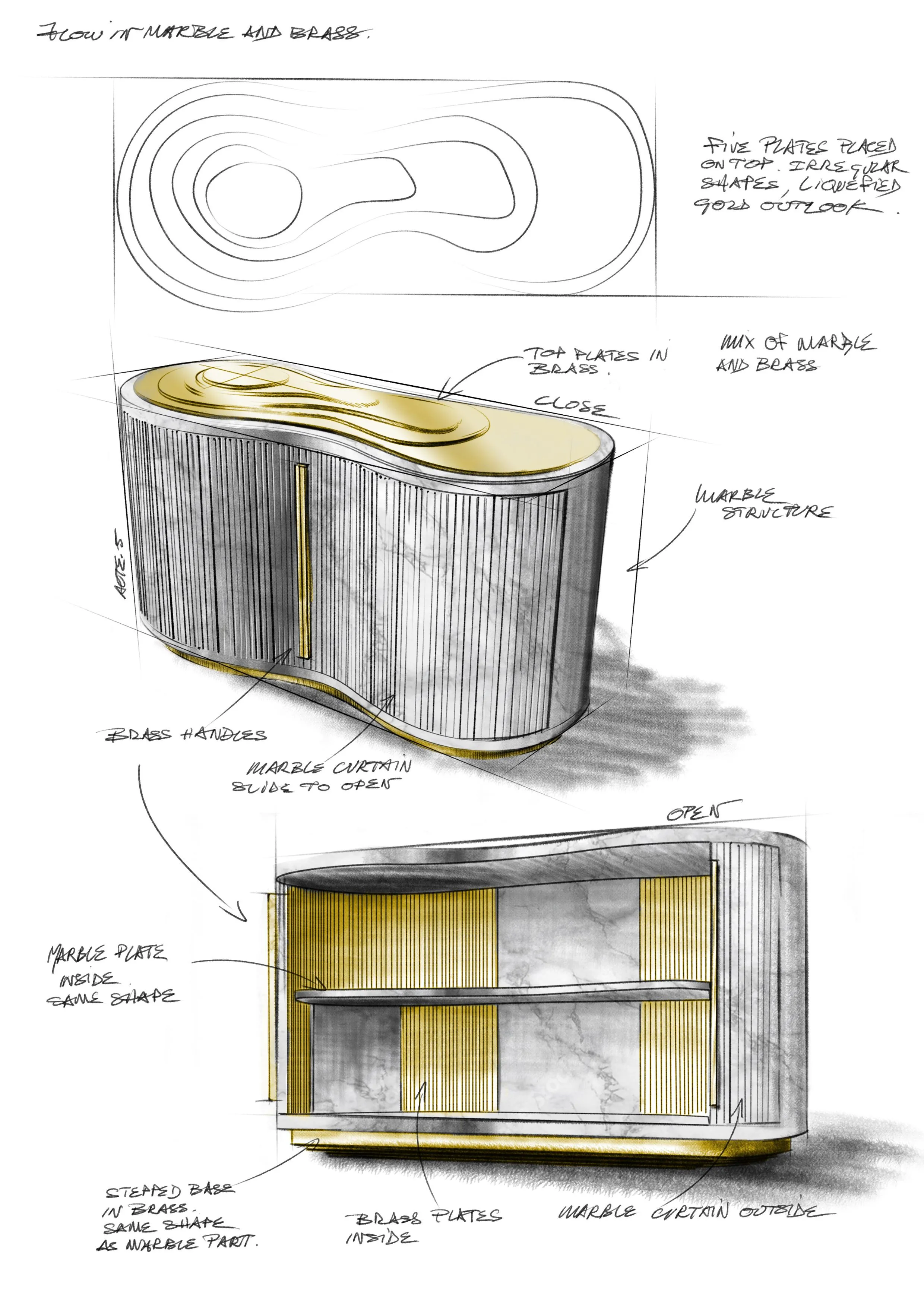 Design sketch of a marble and brass sideboard, shown closed and open — ACTE.5 product design