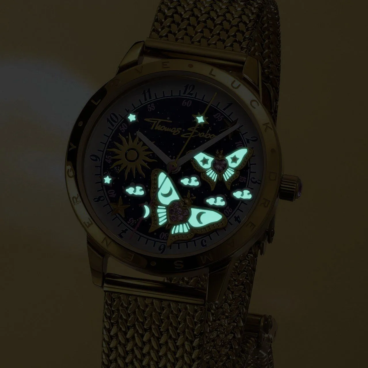 Blooming Sky watch glowing in the dark — luminous butterfly dial