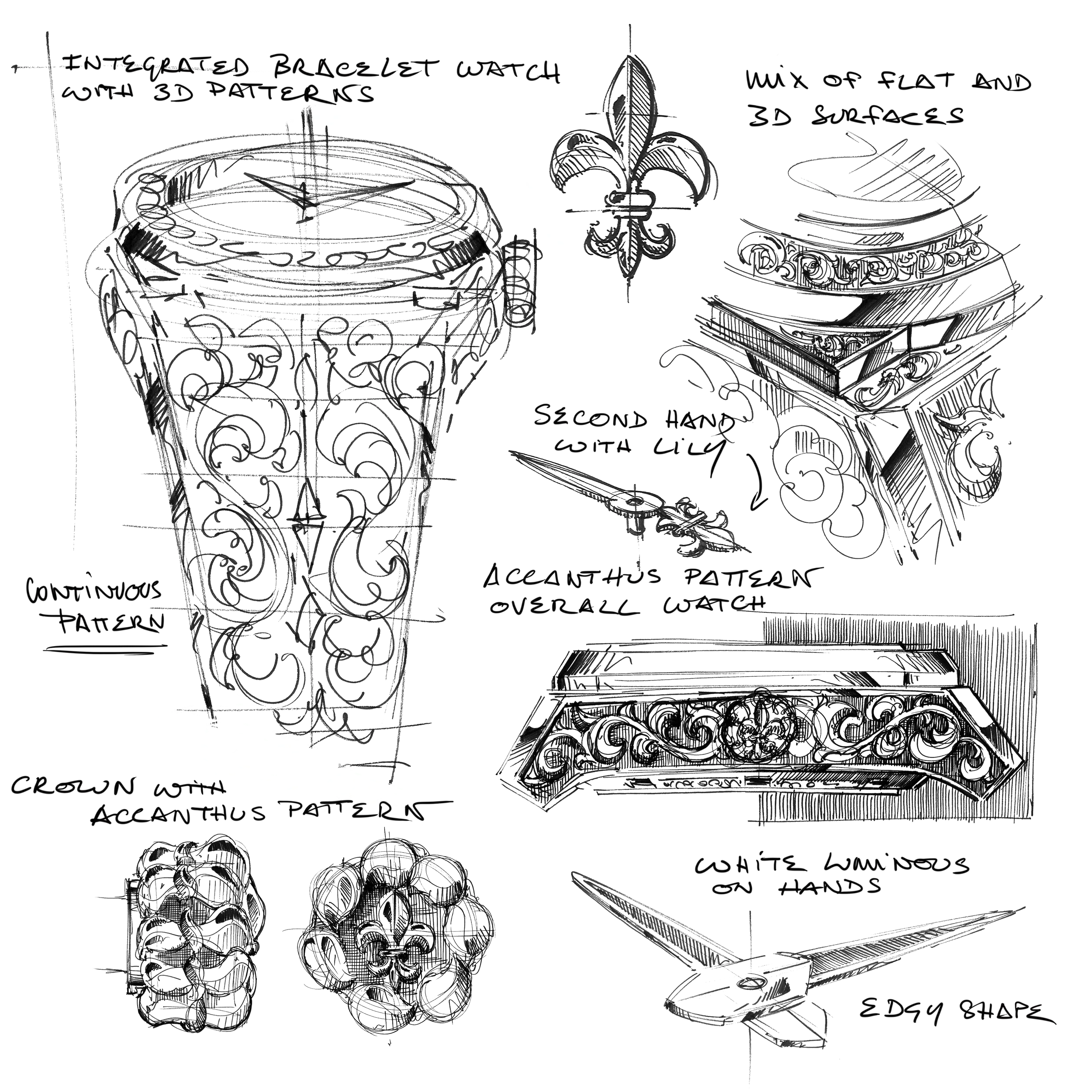 Design sketches of an integrated-bracelet watch with acanthus engraving and fleur-de-lis details — ACTE.5